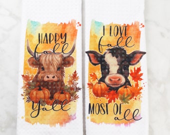 Fall Cows Towel Set - Hapoy Fall Yall Towels - I Love Fall Most of All Holiday Towel - Cow Kitchen Towels Pumpkins