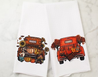 Autumn Trucks Towel Set - Fall Towels - Autumn Holiday Towel - Kitchen Towels Pumpkin Spice