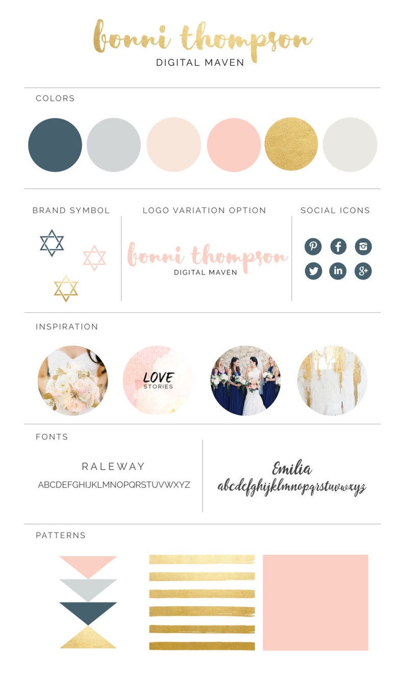 Pu&ograve; includere: Guida alla progettazione dell'identit&agrave; del marchio con una tavolozza di colori blu navy, grigio chiaro, crema, rosa e oro. Il simbolo del marchio &egrave; una stella di David dorata. L'opzione di variazione del logo &egrave; il testo "bonni thompson DIGITAL MAVEN" in un font scritto a mano. La sezione di ispirazione include un bouquet di fiori, un dipinto ad acquerello di un cuore con il testo "LOVE STORIES" e una foto di una sposa e delle sue damigelle d'onore. I font utilizzati sono "RALEWAY" e "Emilia". I motivi includono un motivo a triangolo in blu navy, grigio chiaro, crema e oro, un motivo a strisce dorate e un motivo rosa solido.
