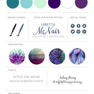 Pu&ograve; includere: Guida alla progettazione dell'identit&agrave; del marchio con una tavolozza di colori turchese, azzurro e viola. Il simbolo del marchio &egrave; un pennello. Il testo del logo &egrave; "LORETTA McNair FINE ARTIST I PORTRAITURE". La sezione di ispirazione include immagini di un fiore, un tramonto, piante grasse e piume. I font utilizzati sono "OSTRICH SANS MEDIUM" e "Aslang Barry". I motivi includono un motivo a piume, un gradiente e un design a spirale.