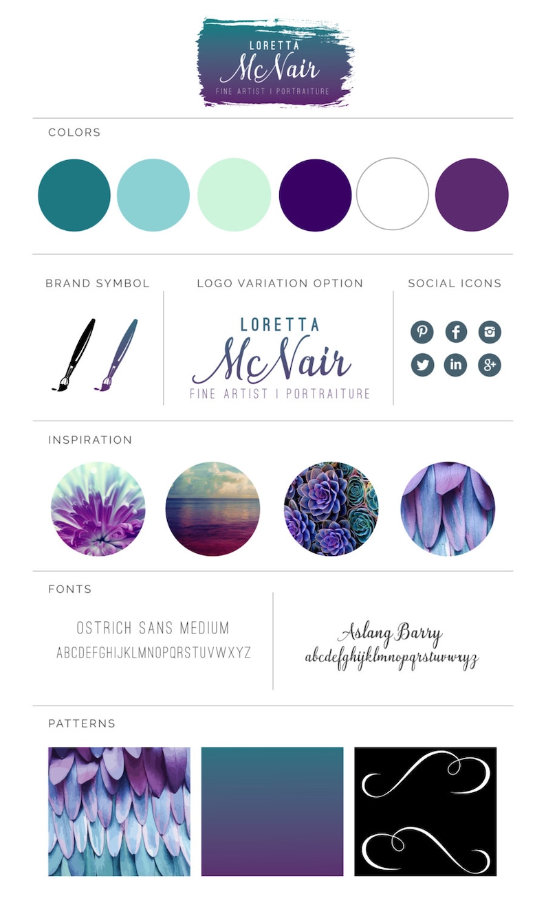 Pu&ograve; includere: Guida alla progettazione dell'identit&agrave; del marchio con una tavolozza di colori turchese, azzurro e viola. Il simbolo del marchio &egrave; un pennello. Il testo del logo &egrave; "LORETTA McNair FINE ARTIST I PORTRAITURE". La sezione di ispirazione include immagini di un fiore, un tramonto, piante grasse e piume. I font utilizzati sono "OSTRICH SANS MEDIUM" e "Aslang Barry". I motivi includono un motivo a piume, un gradiente e un design a spirale.