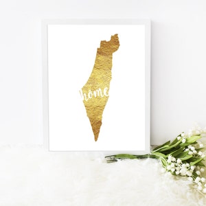 Israel Landkarte Print - Blattgold - jüdische bin Yisrael Zeichnung "Israel is Home" Schreibschrift schreiben