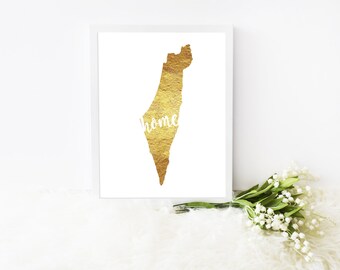 Israël kaart afdrukken - goud folie - Joodse Am Yisrael tekening "Israël is Home" cursieve schrijven