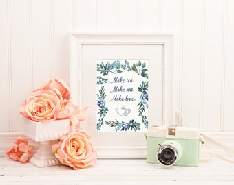 Afdrukbare grafische Wall Art voor thee liefhebbers: thee, kunst maken, Make Love - met aquarel bloemen