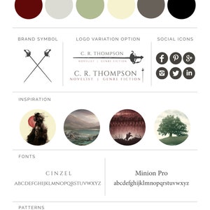 Pu&ograve; includere: Progettazione dell'identit&agrave; del marchio per Chelsea R. Thompson, scrittrice. Il design include un logo con spade incrociate, una tavolozza di colori, scelte di font e motivi. La tavolozza di colori include il bordeaux, il grigio chiaro, il verde, la crema, il grigio e il nero. I font sono Cinzel e Minion Pro. I motivi includono un plaid rosso e nero e un esagono.