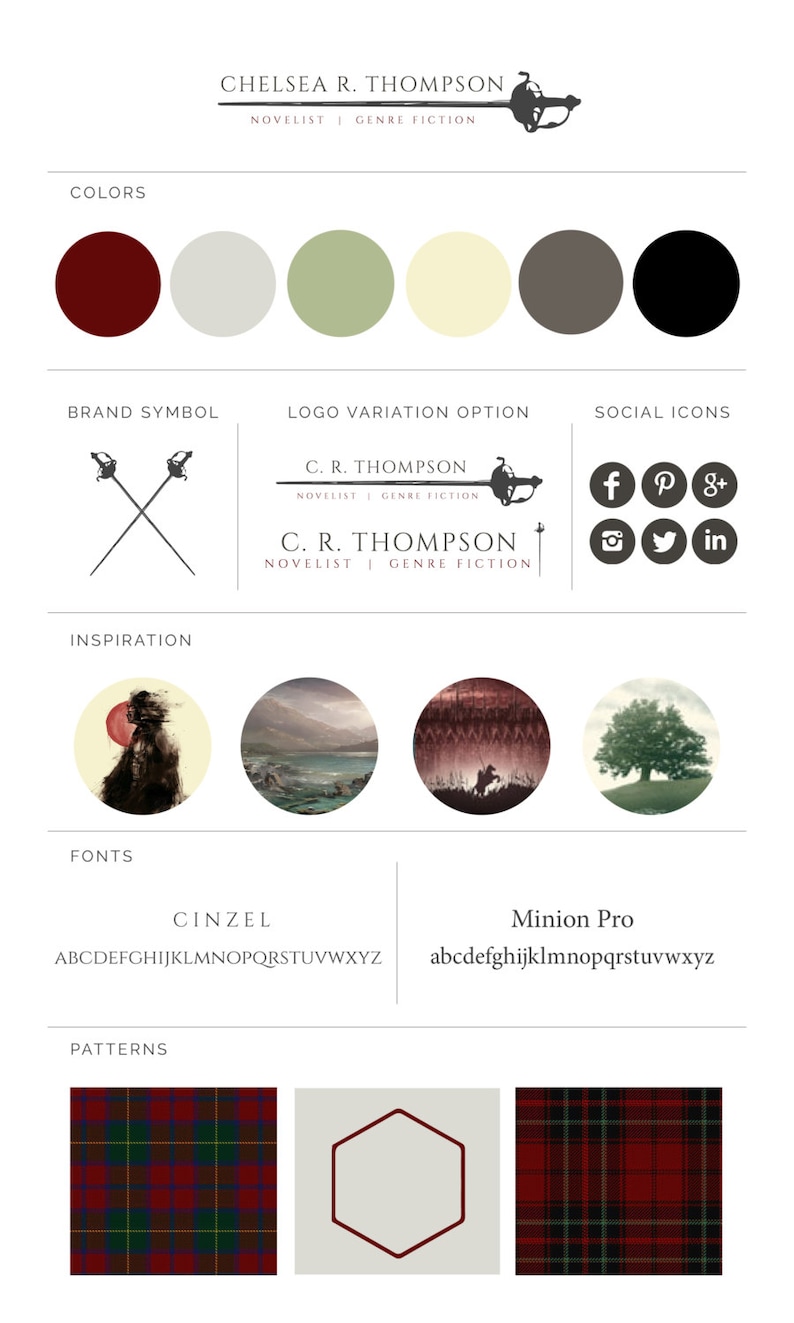 Pu&ograve; includere: Progettazione dell'identit&agrave; del marchio per Chelsea R. Thompson, scrittrice. Il design include un logo con spade incrociate, una tavolozza di colori, scelte di font e motivi. La tavolozza di colori include il bordeaux, il grigio chiaro, il verde, la crema, il grigio e il nero. I font sono Cinzel e Minion Pro. I motivi includono un plaid rosso e nero e un esagono.