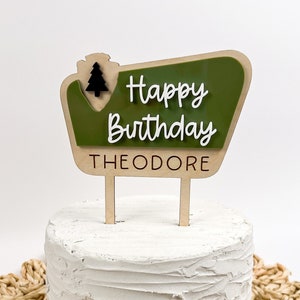 Decorazione per torta di compleanno del parco nazionale, decorazione per torta di compleanno con cartello da campeggio, compleanno a tema foresta della fauna selvatica, primo compleanno a tema escursionismo nella natura