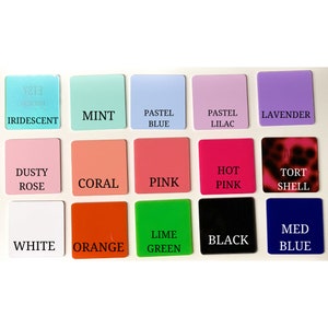 May include: A color chart with 16 different paint colors. The colors are arranged in a grid of four rows and four columns. The colors include iridescent, mint, pastel blue, pastel lilac, dusty rose, coral, pink, hot pink, tort shell, white, orange, lime green, black, and medium blue.