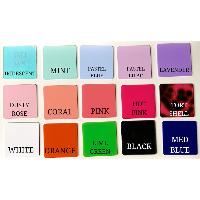 May include: A color chart with 16 different paint colors. The colors are arranged in a grid of four rows and four columns. The colors include iridescent, mint, pastel blue, pastel lilac, dusty rose, coral, pink, hot pink, tort shell, white, orange, lime green, black, and medium blue.