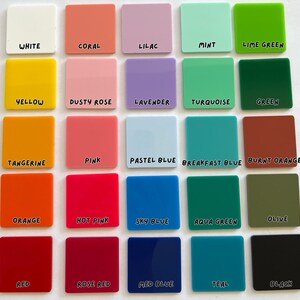 May include: A color chart with 20 different colors, each with a name written below it. The colors include white, coral, lilac, mint, lime green, yellow, dusty rose, lavender, turquoise, green, tangerine, pink, pastel blue, breakfast blue, burnt orange, orange, hot pink, sky blue, aqua green, olive, red, rose red, med blue, teal, and black.