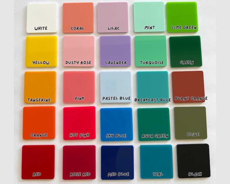 May include: A color chart with 20 different colors, each with a name written below it. The colors include white, coral, lilac, mint, lime green, yellow, dusty rose, lavender, turquoise, green, tangerine, pink, pastel blue, breakfast blue, burnt orange, orange, hot pink, sky blue, aqua green, olive, red, rose red, med blue, teal, and black.