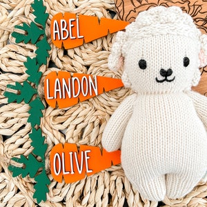 Puede incluir: Tres tarjetas de lugar en forma de zanahoria naranja con los nombres "Abel", "Landon" y "Olive" escritos en blanco. Las tarjetas de lugar est&aacute;n sobre una estera de paja tejida con acentos de hojas verdes. Un juguete de cordero de punto blanco est&aacute; en el fondo.