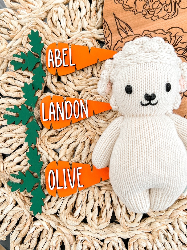 Puede incluir: Tres tarjetas de lugar en forma de zanahoria naranja con los nombres "Abel", "Landon" y "Olive" escritos en blanco. Las tarjetas de lugar est&aacute;n sobre una estera de paja tejida con acentos de hojas verdes. Un juguete de cordero de punto blanco est&aacute; en el fondo.