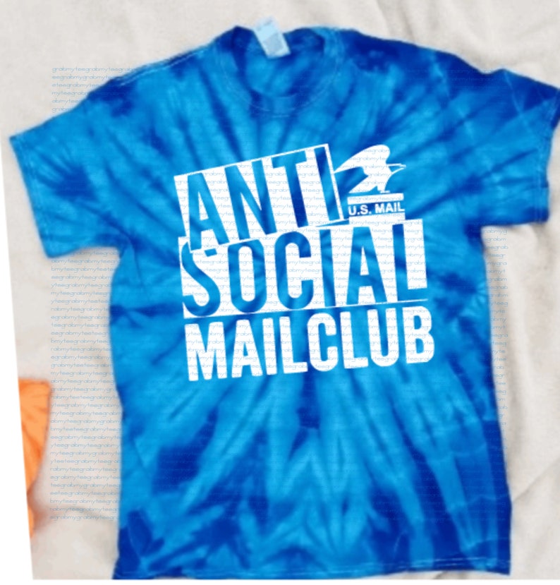 May include: A blue tie-dye t-shirt with white text that reads "Anti Social Mail Club" with a U.S. Mail logo above the word "Social".
