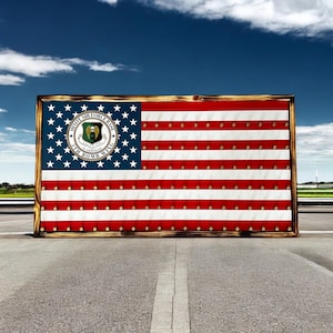 May include: A wooden framed American flag with a red, white, and blue design. The flag has a seal in the upper left corner that reads "United States Air Force 341st Bomb Wing"