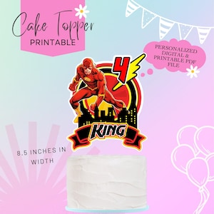 May include: Printable cake topper featuring The Flash superhero in red and yellow, standing on a cityscape with a lightning bolt and the number 4. The topper also includes the word "KING" in a black banner. The topper is 8.5 inches wide.