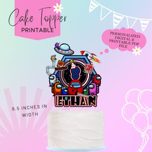 Könnte beinhalten: Druckbarer Tortendekor mit Figuren aus dem Videospiel Among Us. Der Topper ist 8,5 Zoll breit und enthält eine rote Figur mit der Nummer 8 auf der Brust, umgeben von anderen Figuren. Der Text "ETHAN" befindet sich am unteren Rand des Toppers.