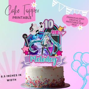 May include: A printable cake topper with the text "Cake Topper PRINTABLE". The design features a cartoon character with long blue hair, musical notes, and the name "Melodey". The topper is 8.5 inches wide and is designed to be a personalized digital and printable PDF file.