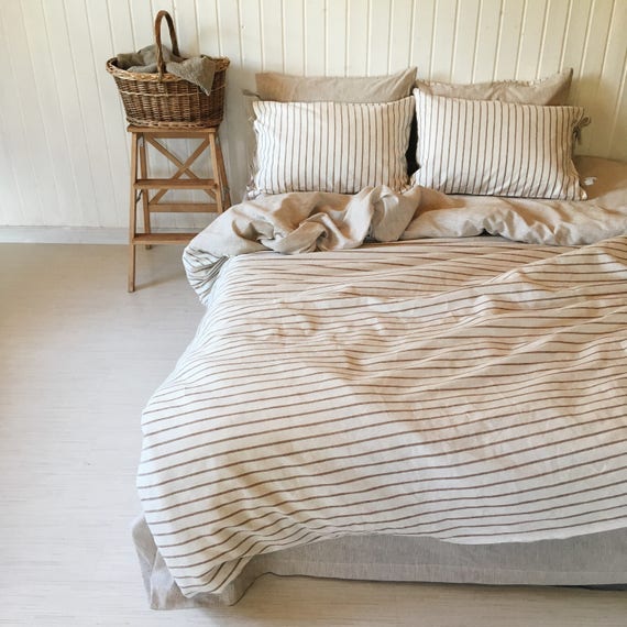 Natural Linen Bedding Set Striped Linen Bedding Bed Linen Etsy