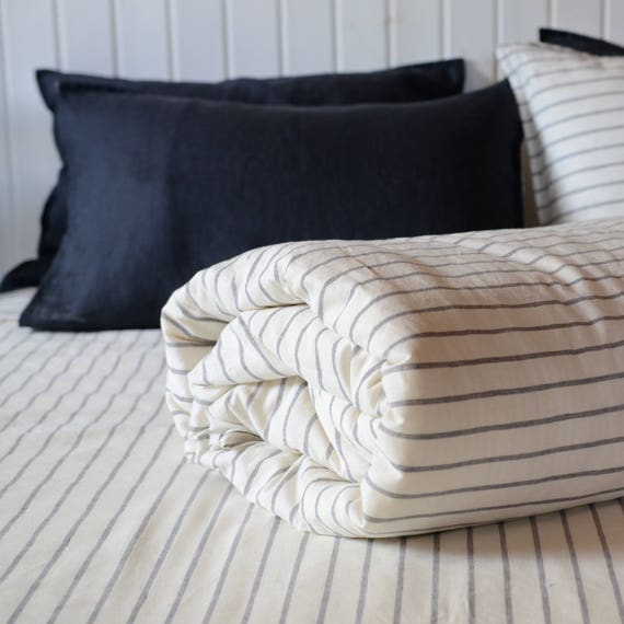 Pure Linen Duvet Cover Charcoal And Grey Stripe Double Sided Etsy