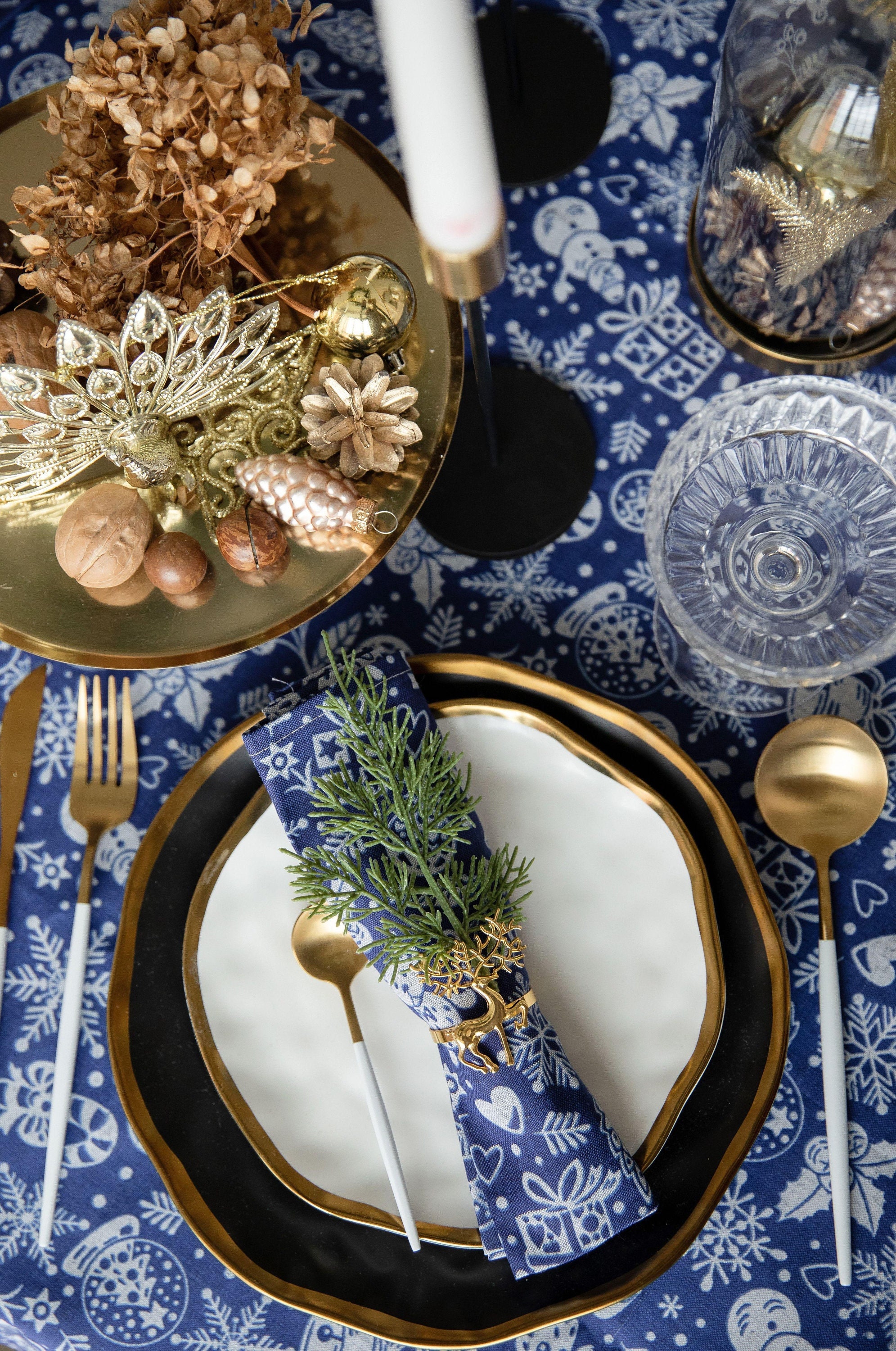 Blue Linen Tablecloth Set Christmas Table Decor Certified Etsy