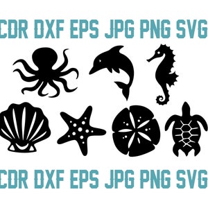 Beach silhouette svg cut files, instant download sea patterns design, vector shell dxf, wave silhouette, seahorse svg, sand dollar