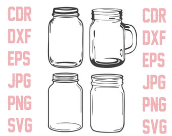 Mason jar svg fichiers pour la coupe, silhouette clipart pot imprimable, design de cuisine numérique, silhouette de pot de décor à la maison, country design clip art