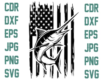 Us marlin drapeau silhouette, téléchargement instantané marlins svg fichiers coupés, clipart de poisson vectoriel, fichiers de pêche pour couper, swordfish clipart silhouette