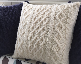 Three cable Aran cushion cover for 18 inch (45 cms) cushion pad. Knitting pattern. Instant PDF Download. Button back. Cables. Cosy. Pillow.