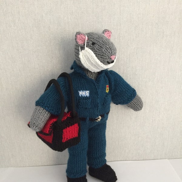 Benefits Charity! Pete the Paramedic Mouse in his uniform and mask, and carrying a medical bag. Knitting pattern. Instant PDF download.