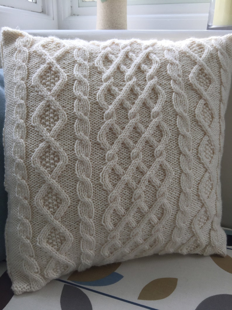 Three cable Aran cushion cover for 18 inch 45 cms cushion pad. Knitting pattern. Instant PDF Download. Button back. Cables. Cosy. Pillow. 画像 4