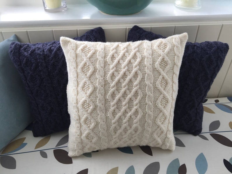 Three cable Aran cushion cover for 18 inch 45 cms cushion pad. Knitting pattern. Instant PDF Download. Button back. Cables. Cosy. Pillow. 画像 2