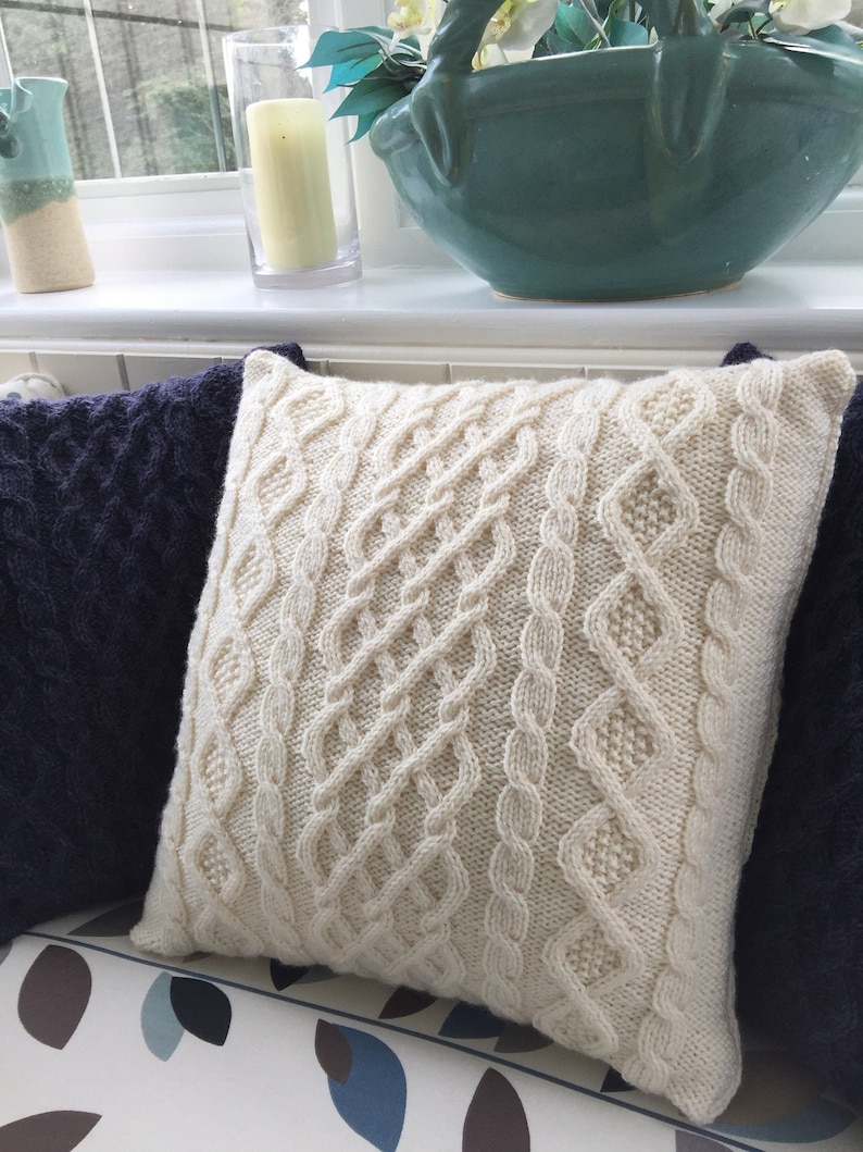 Three cable Aran cushion cover for 18 inch 45 cms cushion pad. Knitting pattern. Instant PDF Download. Button back. Cables. Cosy. Pillow. 画像 1