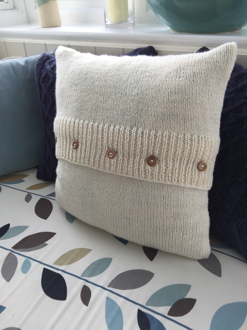 Three cable Aran cushion cover for 18 inch 45 cms cushion pad. Knitting pattern. Instant PDF Download. Button back. Cables. Cosy. Pillow. 画像 3