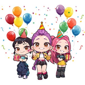 Peut inclure: Illustration de trois personnages de dessins animés tenant des cadeaux, portant des chapeaux de fête et entourés de ballons colorés et de confettis. Les personnages ont des couleurs de cheveux et des tenues différentes. Thème festif et célébratif.