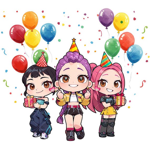 Chibi Birthday K-Pop Demon Hunters Clipart PNG, Kawaii Anime Idol Rumi Mira Noey Stickers, Cute Kids Illustration Set, Instant Download