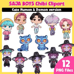 Peut inclure: Graphique numérique avec 12 fichiers PNG de personnages chibi. Les personnages incluent des versions humaines et démoniaques mignonnes, avec diverses couleurs de cheveux et tenues. Le texte en haut indique "SAJA BOYS Chibi Clipart" et "Cute Human & Demon version".
