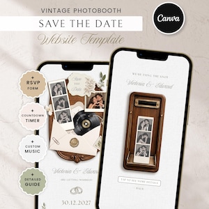May include: A digital Save the Date website template for a wedding featuring a vintage photobooth theme. The design includes text reading VINTAGE PHOTOBOOTH, SAVE THE DATE, Victoria & Edward, and 30.12.2027, alongside icons for RSVP, countdown, and music.