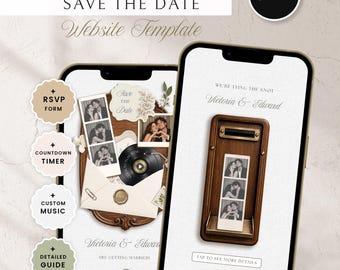 Plantilla web de invitación para guardar la fecha con fotomatón vintage, formulario de detalles de los invitados, música y temporizador de cuenta regresiva, invitación digital editable.