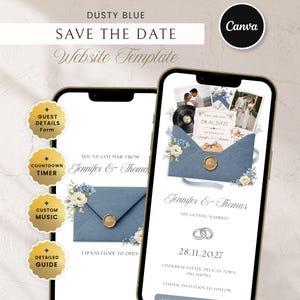 May include: Two smartphones displaying a dusty blue Save the Date website template. The screens feature floral illustrations, a blue envelope with a gold wax seal, and text including Jennifer & Thomas, 28.11.2027, and Cindersap Estate, Pelican Town, Oklahoma.