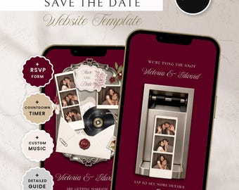 May include: A burgundy photobooth save the date website template displayed on two smartphones. The design features photobooth strips, a vinyl record, an envelope with a wax seal, and text including "Victoria & Edward" and "We're tying the knot."