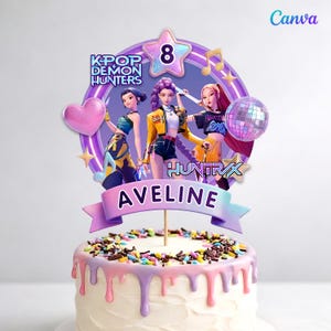 Editable Huntrix Cake Topper, Kpop Demon Hunters Party Decoration, Kpop Demon Hunters Cake Toppers, Printable Canva template