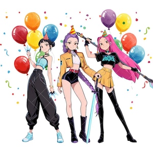 May include: An illustration of three anime-style figures wearing party hats and holding weapons. They are surrounded by colorful balloons and confetti. The figures are dressed in stylish outfits, with a variety of colors.