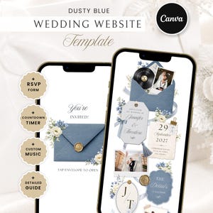 May include: A digital wedding website template featuring a dusty blue color palette. The design includes an interactive envelope, RSVP form, countdown timer, custom music, and detailed guide. The interface displays floral accents, a photo, and text.