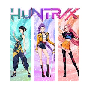 May include: An illustration of three anime-style characters with the word "HUNTRAX" above them. Each character is on a different background. The first has black hair and is wearing a green top and blue trousers. The second has purple hair and a yellow jacket. The third has pink hair and is holding a sword.