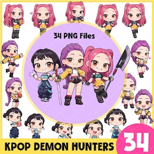 May include: Digital art featuring multiple chibi-style figures with pink, purple, and black hair, dressed in yellow and black outfits. The image includes the text "34 PNG Files" and "KPOP DEMON HUNTERS" in yellow and black.