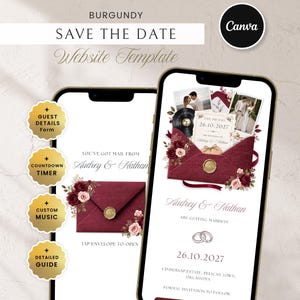 May include: A digital wedding save the date website template displayed on two smartphones. The design features burgundy envelopes with wax seals, floral accents, and text including Audrey & Nathan, 26.10.2027, and Cindersap Estate, Pelican Town, Oklahoma. Gold circular icons list features like guest details form, countdown timer, custom music, and detailed guide.