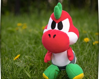 Yoshi Dinosaur plushie, Red Yoshi plush, handmade stuffed animal, 13.3in high, made to order