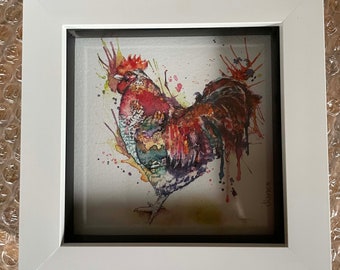 Cockerel painting original cockerel print small cockerel framed print mini print small picture small art colourful cockerel kitchen decor