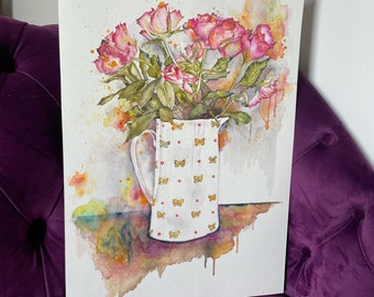 Original watercolour painting of a vase of flowers, pink flowers, roses, picture , painting,  original painting, watercolour art, rose art